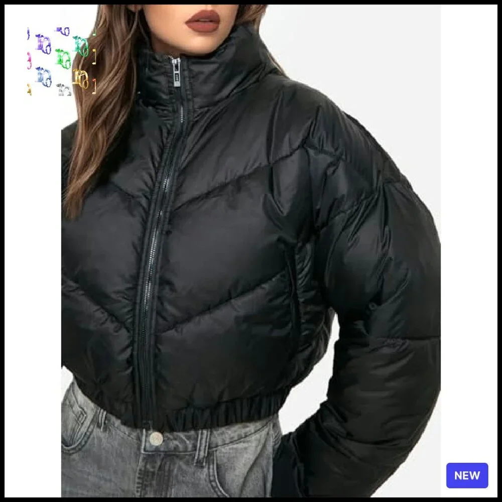 Cropped Puffer Jacket Winter Warm Quilted Zip Up Stand Collar Chic - Picture 3 of 7